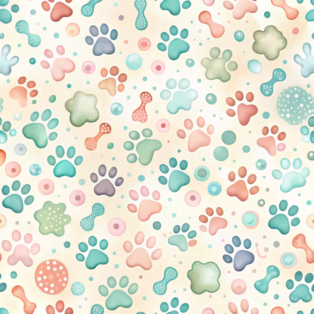 paw prints, dog bones, coral pink, teal blue, sage green, lavender purple, polka dots, geometric shapes, pet theme, animal motifs, playful pattern, pastel colors, whimsical design,, fabric panel, scattered design, circular elements, soft colors, veterinary theme, pet lover