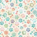 paw prints, dog bones, coral pink, teal blue, sage green, lavender purple, polka dots, geometric shapes, pet theme, animal motifs, playful pattern, pastel colors, whimsical design,, fabric panel, scattered design, circular elements, soft colors, veterinary theme, pet lover