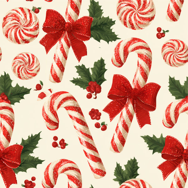candy cane, peppermint, red and white, cream, holly, holly berries, red bow, festive, whimsical, vintage, retro, christmas, holiday, lollipop, candy swirl, traditional, nostalgic, winter, seasonal, kids, children, playful, sweet, treat, decorative, classic christmas, red ribbon