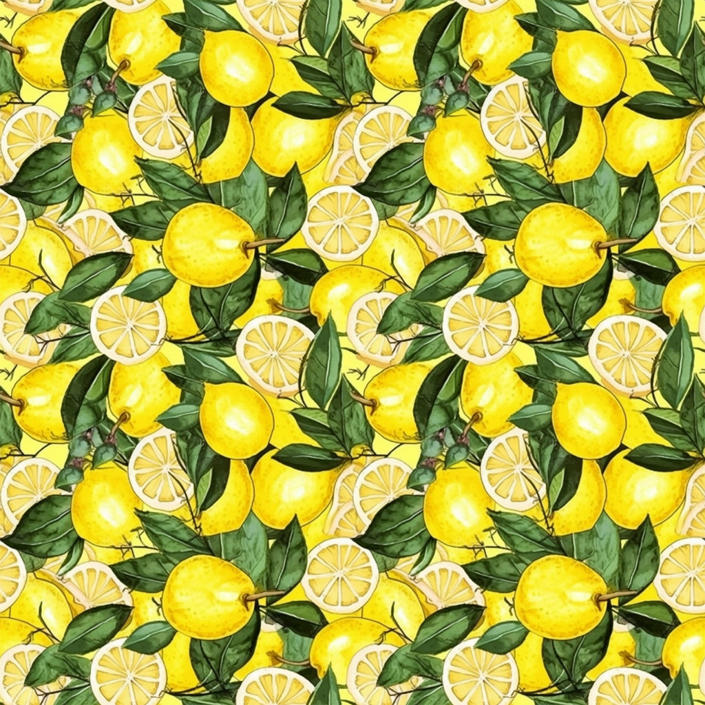 yellow, bright green, lemon pattern, citrus fruit, lemon slices, botanical leaves, repeating pattern,, fabric panel, cheerful mood, summer theme, kitchen theme, fruit motif, seamless design, vibrant colors, fresh citrus, watercolor style, cooking theme, sunny disposition