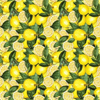 yellow, bright green, lemon pattern, citrus fruit, lemon slices, botanical leaves, repeating pattern,, fabric panel, cheerful mood, summer theme, kitchen theme, fruit motif, seamless design, vibrant colors, fresh citrus, watercolor style, cooking theme, sunny disposition