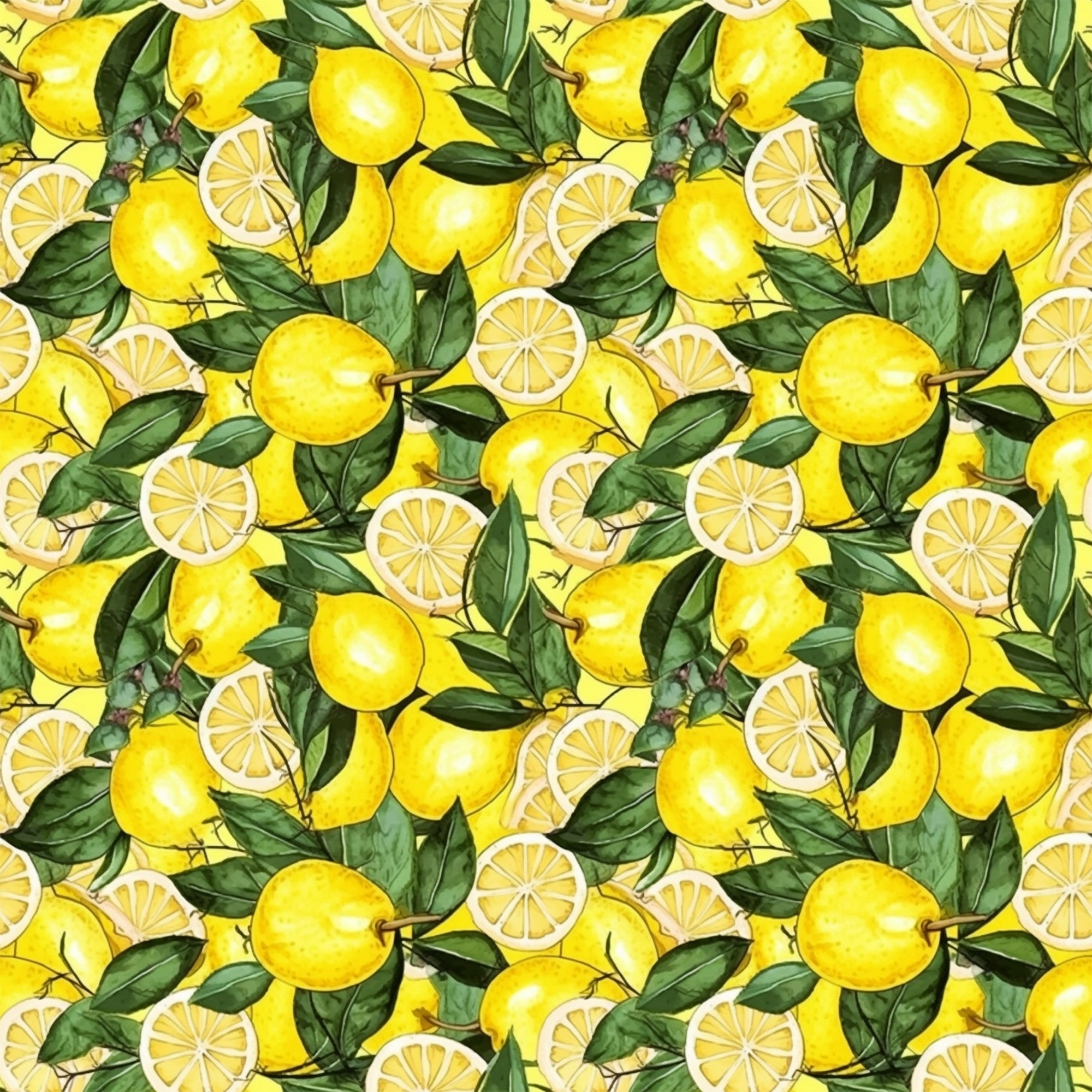 yellow, bright green, lemon pattern, citrus fruit, lemon slices, botanical leaves, repeating pattern,, fabric panel, cheerful mood, summer theme, kitchen theme, fruit motif, seamless design, vibrant colors, fresh citrus, watercolor style, cooking theme, sunny disposition