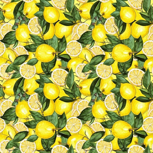 yellow, bright green, lemon pattern, citrus fruit, lemon slices, botanical leaves, repeating pattern,, fabric panel, cheerful mood, summer theme, kitchen theme, fruit motif, seamless design, vibrant colors, fresh citrus, watercolor style, cooking theme, sunny disposition
