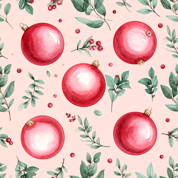 coral pink, dusty rose, red ornaments, christmas, holiday, festive, botanical, floral, greenery, eucalyptus leaves, berries, nature, elegant, whimsical, traditional, vintage, seasonal, winter, celebration, decorative, pearl finish, shimmer, soft, gentle, nursery, kids room, baby shower, christmas decor, festive design