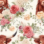 highland cows, vintage roses, floral pattern, reddish brown fur, coral pink roses, cream roses, purple roses, peach roses, green leaves, botanical elements,, fabric panel, rustic charm, farmhouse style, soft pastels, watercolor style, repeating pattern, cow faces, horned cattle, cottage core