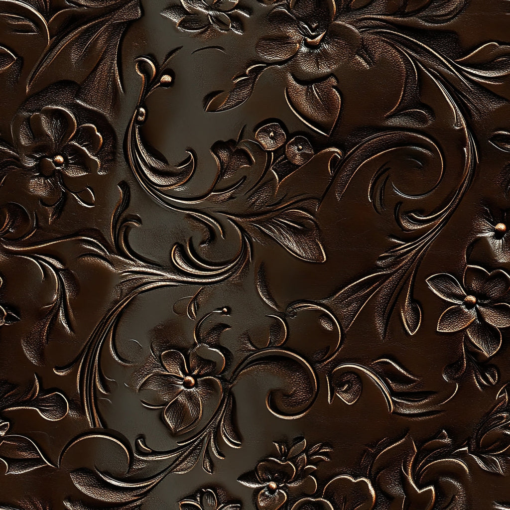 dark brown, bronze, copper, embossed leather, floral scrollwork, ornate vines, western tooling, carved design, dimensional texture,, fabric panel, rustic elegance, cowboy style, leather-look, raised relief, metallic highlights, flowing curves, botanical motifs, saddle pattern