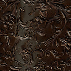 dark brown, bronze, copper, embossed leather, floral scrollwork, ornate vines, western tooling, carved design, dimensional texture,, fabric panel, rustic elegance, cowboy style, leather-look, raised relief, metallic highlights, flowing curves, botanical motifs, saddle pattern