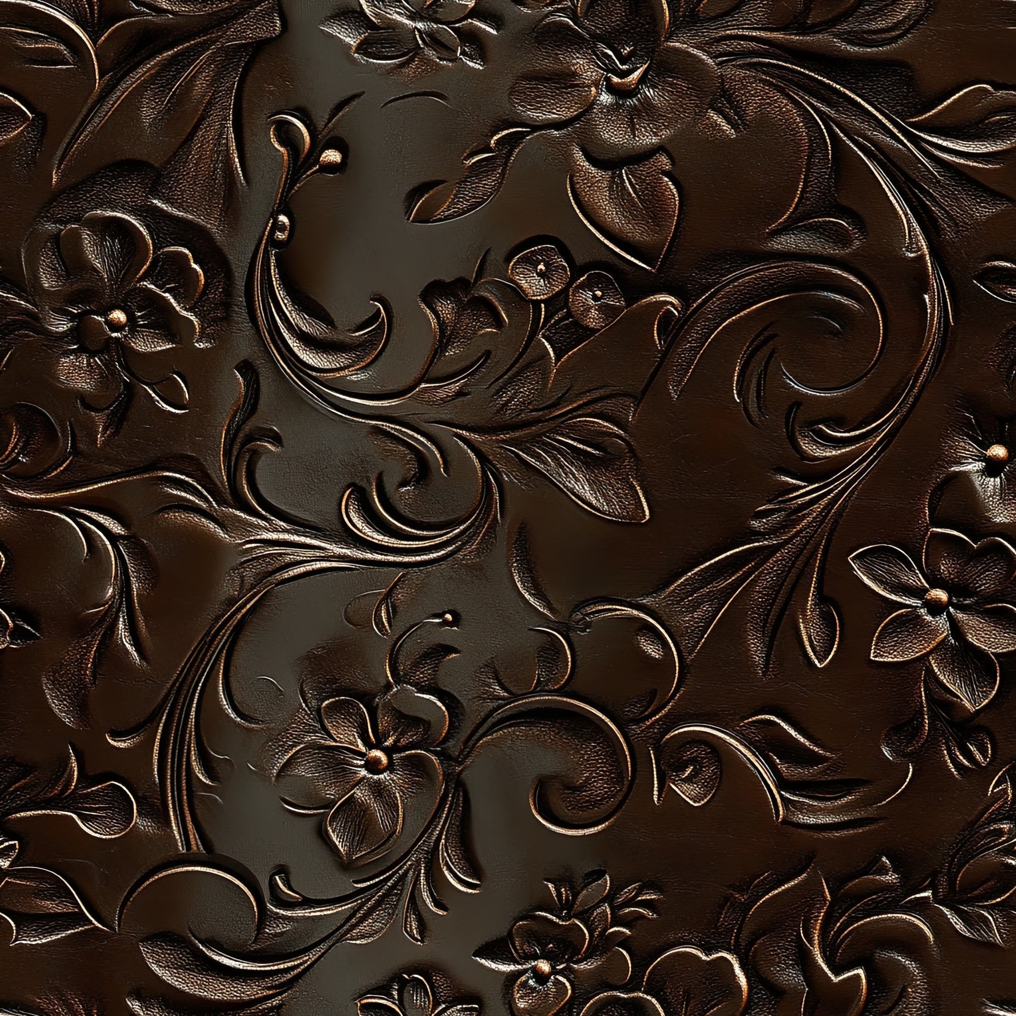 dark brown, bronze, copper, embossed leather, floral scrollwork, ornate vines, western tooling, carved design, dimensional texture,, fabric panel, rustic elegance, cowboy style, leather-look, raised relief, metallic highlights, flowing curves, botanical motifs, saddle pattern