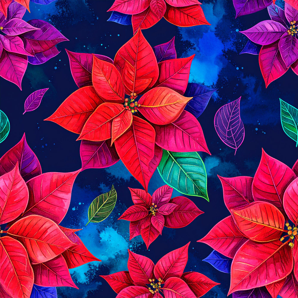 poinsettia, red flowers, deep navy blue, magenta pink, purple leaves, bright red, neon pink, floral design, holiday, christmas, botanical, nature, festive, vibrant, whimsical, modern floral, tropical, colorful leaves, celestial background, watercolor effect, jewel tones, emerald green, blue background, metallic accents, seasonal, winter, decorative, artistic, contemporary, playroom