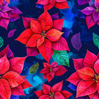 poinsettia, red flowers, deep navy blue, magenta pink, purple leaves, bright red, neon pink, floral design, holiday, christmas, botanical, nature, festive, vibrant, whimsical, modern floral, tropical, colorful leaves, celestial background, watercolor effect, jewel tones, emerald green, blue background, metallic accents, seasonal, winter, decorative, artistic, contemporary, playroom