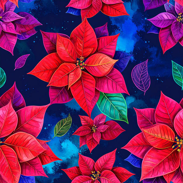 poinsettia, red flowers, deep navy blue, magenta pink, purple leaves, bright red, neon pink, floral design, holiday, christmas, botanical, nature, festive, vibrant, whimsical, modern floral, tropical, colorful leaves, celestial background, watercolor effect, jewel tones, emerald green, blue background, metallic accents, seasonal, winter, decorative, artistic, contemporary, playroom