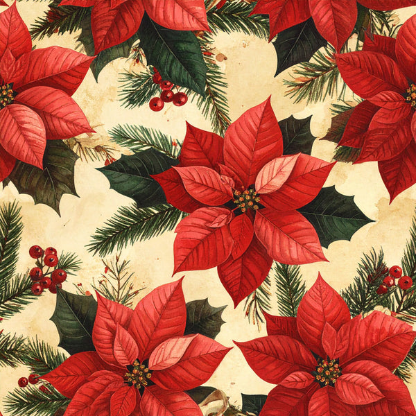 red poinsettia, cream background, forest green, dark green leaves, evergreen branches, holly berries, red berries, christmas, holiday, vintage, traditional, floral pattern, botanical, nature, festive, seasonal, elegant, classic, winter, december, poinsettia flowers, needle leaves, gold centers, timeless, nostalgic, cottage core, retro holiday