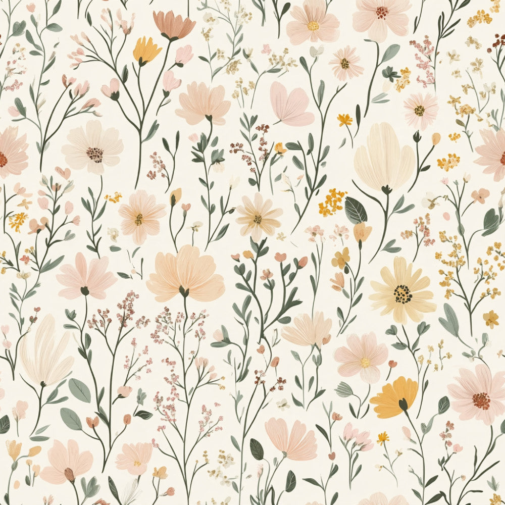 cream floral, pastel pink, sage green, soft yellow, dusty rose, botanical, wildflower, daisy, cosmos, delicate flowers, nature inspired, spring, summer, garden, whimsical, romantic, soft aesthetic, vintage floral, gentle, calming, nursery, baby room, kids decor, feminine, peaceful, natural elements, flower stems, leaves, branch pattern, cottage core