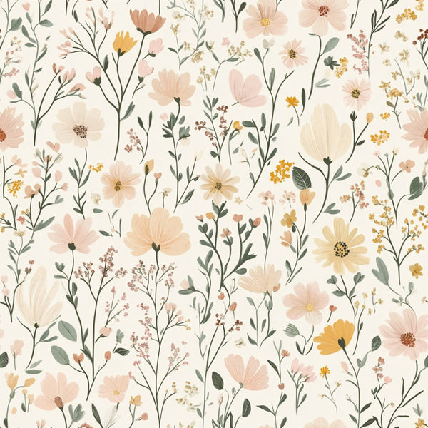 cream floral, pastel pink, sage green, soft yellow, dusty rose, botanical, wildflower, daisy, cosmos, delicate flowers, nature inspired, spring, summer, garden, whimsical, romantic, soft aesthetic, vintage floral, gentle, calming, nursery, baby room, kids decor, feminine, peaceful, natural elements, flower stems, leaves, branch pattern, cottage core