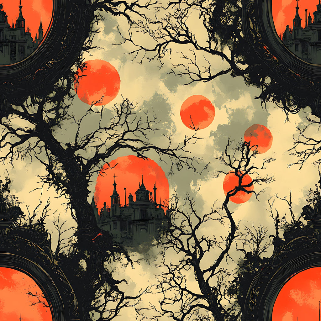 blood moon, orange red, sepia tones, gothic manor, bare trees, spooky atmosphere, haunted house, multiple moons, eerie silhouettes, vintage illustration, horror theme,, fabric panel, dark branches, mysterious castle, autumn colors, supernatural scene, gothic architecture, creepy landscape, halloween motif