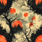 blood moon, orange red, sepia tones, gothic manor, bare trees, spooky atmosphere, haunted house, multiple moons, eerie silhouettes, vintage illustration, horror theme,, fabric panel, dark branches, mysterious castle, autumn colors, supernatural scene, gothic architecture, creepy landscape, halloween motif