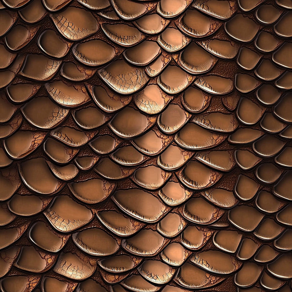 brown, copper, bronze, reptile scales, snake skin pattern, overlapping scales, textured surface, dimensional effect, western theme, rustic, leather-like appearance,, fabric panel, earthy tones, natural pattern, reptilian texture, overlapping design, bronze metallic, western motif, scales pattern