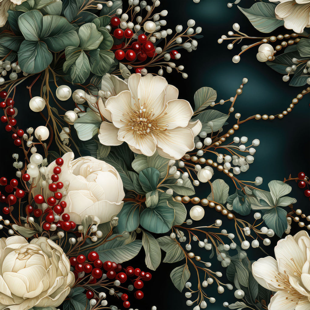 christmas florals, winter flowers, cream peonies, white roses, red berries, pearl accents, sage green leaves, dark teal background, botanical pattern, holiday floral,, fabric panel, elegant blooms, festive botanicals, luxurious pearls, vintage style, romantic florals, winter bouquet, holiday crafting, cotton fabric