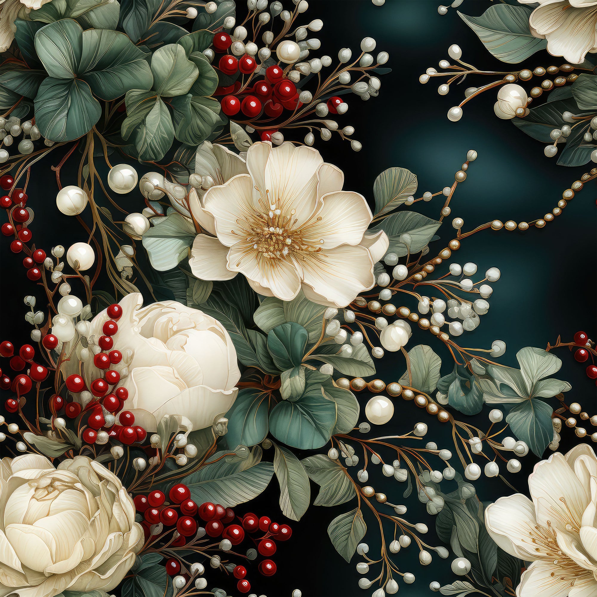 christmas florals, winter flowers, cream peonies, white roses, red berries, pearl accents, sage green leaves, dark teal background, botanical pattern, holiday floral,, fabric panel, elegant blooms, festive botanicals, luxurious pearls, vintage style, romantic florals, winter bouquet, holiday crafting, cotton fabric