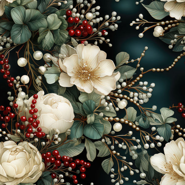 christmas florals, winter flowers, cream peonies, white roses, red berries, pearl accents, sage green leaves, dark teal background, botanical pattern, holiday floral,, fabric panel, elegant blooms, festive botanicals, luxurious pearls, vintage style, romantic florals, winter bouquet, holiday crafting, cotton fabric