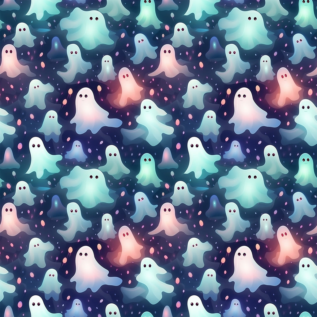 ghost pattern, halloween fabric,, cute ghosts, pastel colors, mint green, coral pink, navy blue, white ghosts, spooky characters, seamless pattern, kawaii style, whimsical design, october theme, supernatural motif, fabric panel, crafting material, floating spirits, starry background, festive pattern