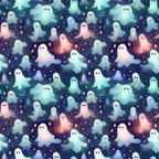 ghost pattern, halloween fabric,, cute ghosts, pastel colors, mint green, coral pink, navy blue, white ghosts, spooky characters, seamless pattern, kawaii style, whimsical design, october theme, supernatural motif, fabric panel, crafting material, floating spirits, starry background, festive pattern