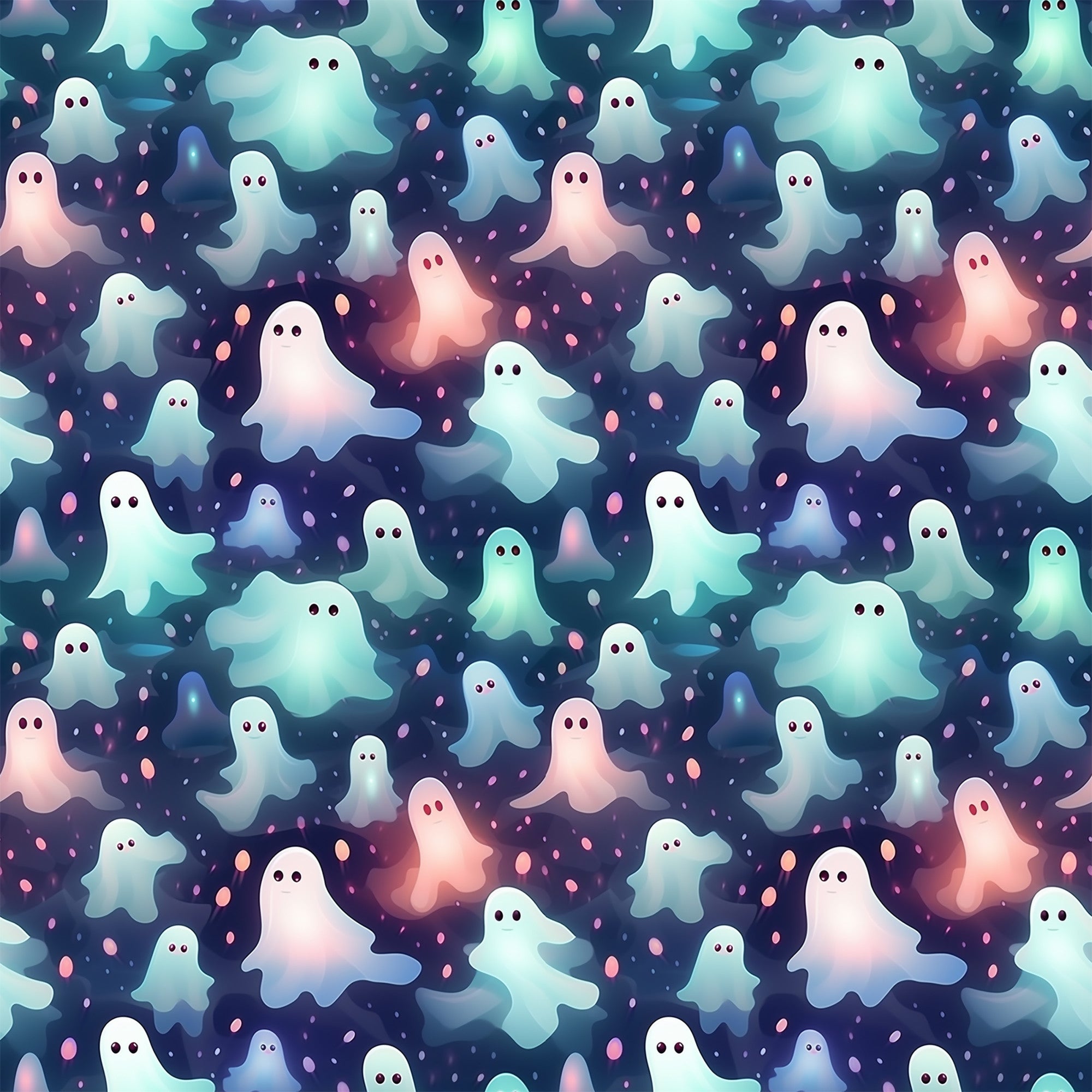 ghost pattern, halloween fabric,, cute ghosts, pastel colors, mint green, coral pink, navy blue, white ghosts, spooky characters, seamless pattern, kawaii style, whimsical design, october theme, supernatural motif, fabric panel, crafting material, floating spirits, starry background, festive pattern