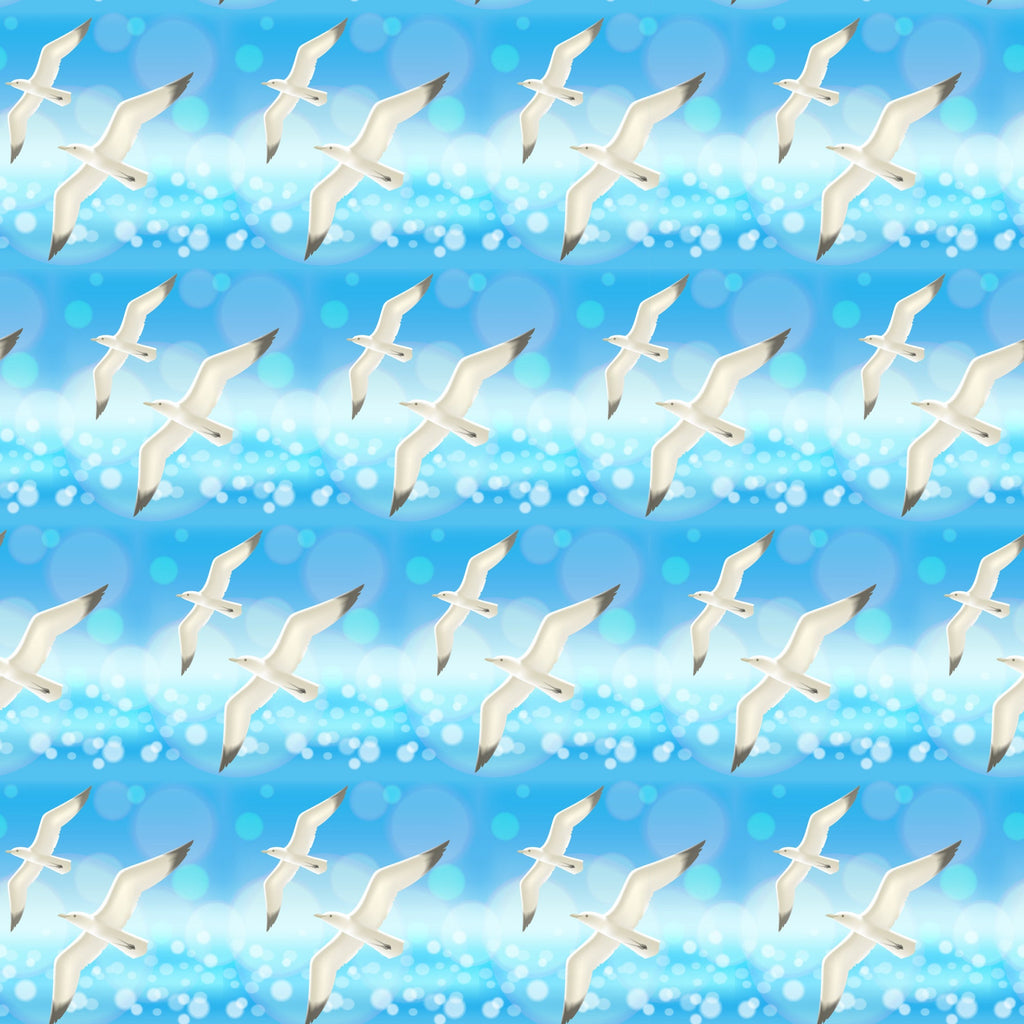 sky blue, white, seagulls, birds in flight, ocean sparkles, water reflections, repeating pattern, summer theme, coastal scene,, fabric panel, beach motif, nautical design, flying birds, azure blue, light blue, seaside atmosphere, marine life, summer vacation, ocean waves
