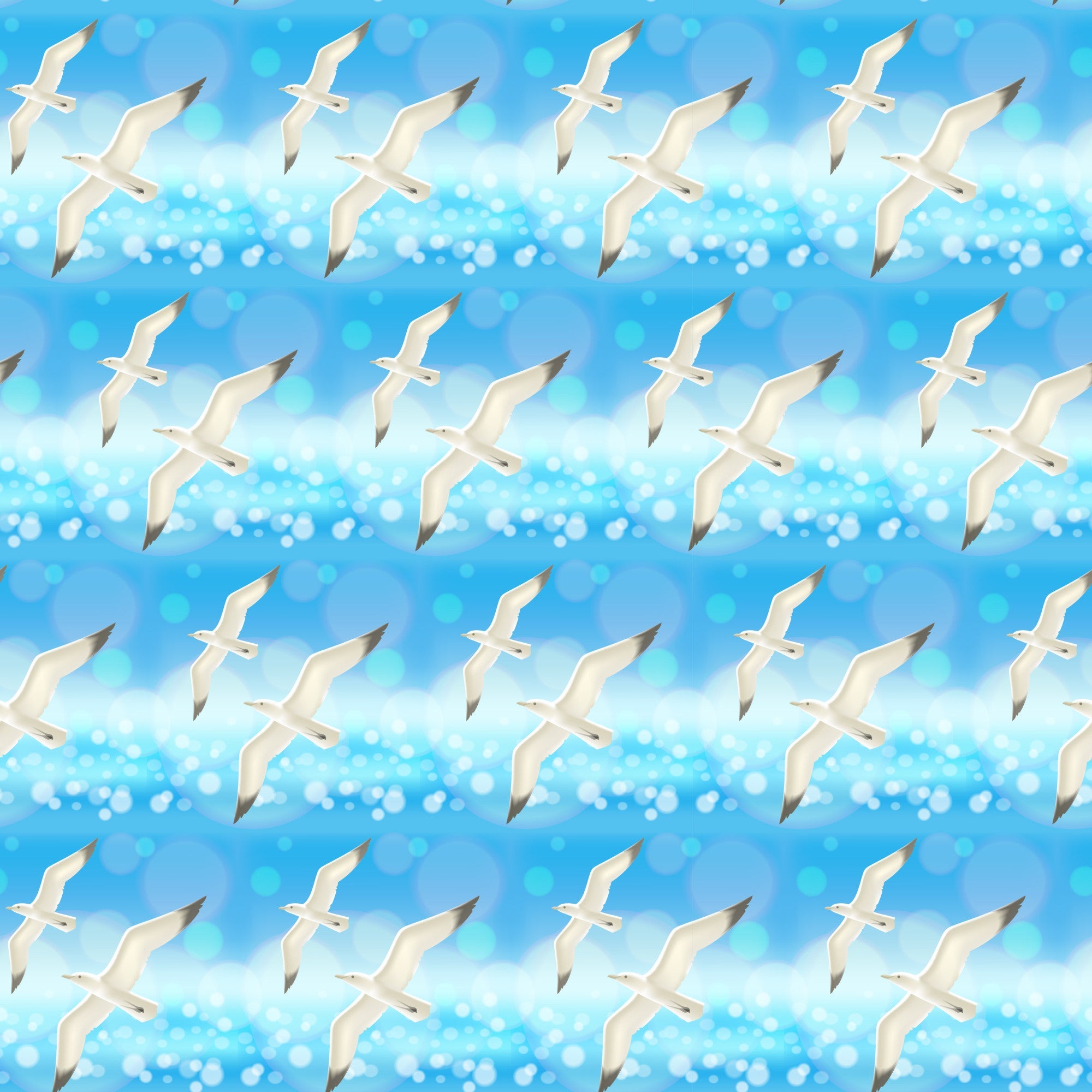 sky blue, white, seagulls, birds in flight, ocean sparkles, water reflections, repeating pattern, summer theme, coastal scene,, fabric panel, beach motif, nautical design, flying birds, azure blue, light blue, seaside atmosphere, marine life, summer vacation, ocean waves