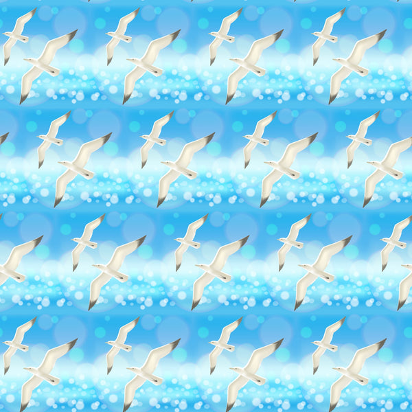 sky blue, white, seagulls, birds in flight, ocean sparkles, water reflections, repeating pattern, summer theme, coastal scene,, fabric panel, beach motif, nautical design, flying birds, azure blue, light blue, seaside atmosphere, marine life, summer vacation, ocean waves