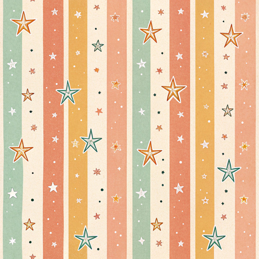 sage green, coral pink, golden yellow, cream, navy blue, striped, stars, celestial, whimsical, vintage, retro, playroom, nursery, kids room, baby, children's, night sky, twinkle stars, geometric stripes, colorful, cheerful, soft, dreamy, decorative, home decor, bedding, pastel tones, star pattern, multi-color