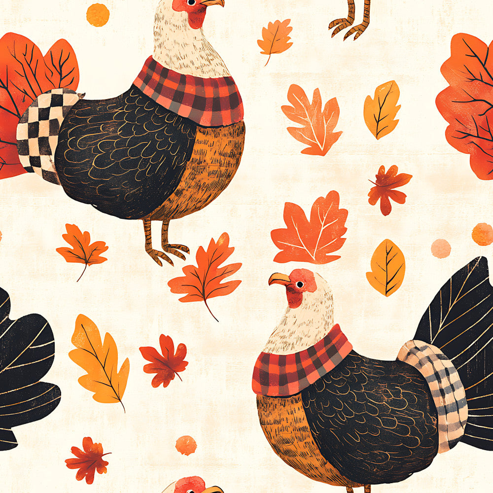 autumn chickens, fall leaves, rooster fabric, hen print, thanksgiving theme, farmhouse style, rustic animals, plaid pattern, black and cream, burnt orange, rust red, golden yellow, checkered design, folk art, country style, whimsical birds, harvest theme, woodland creatures, vintage farm, nature inspired, seasonal decor, kids room, playroom fabric, cottage core, traditional pattern, poultry print, autumn colors, cozy aesthetic