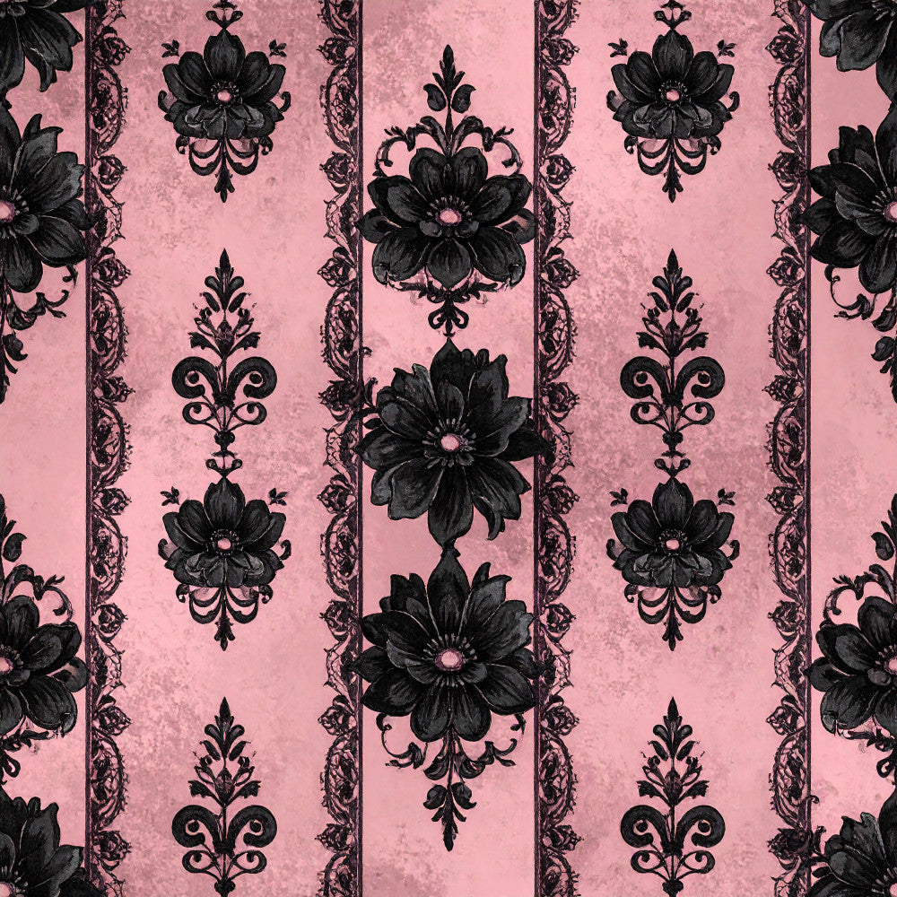 rose pink, mauve pink, dusty rose, black flowers, baroque, damask, floral, ornamental, vintage, elegant, gothic, romantic, traditional, decorative flowers, scrollwork, ornate, botanical, classic, timeless, luxe, sophisticated, formal, petal motifs, damask pattern, striped floral, home decor, sewing project, apparel fabric
