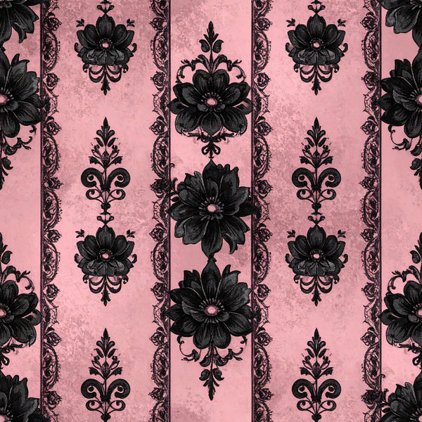 rose pink, mauve pink, dusty rose, black flowers, baroque, damask, floral, ornamental, vintage, elegant, gothic, romantic, traditional, decorative flowers, scrollwork, ornate, botanical, classic, timeless, luxe, sophisticated, formal, petal motifs, damask pattern, striped floral, home decor, sewing project, apparel fabric