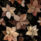 gold poinsettia, burgundy leaves, cream flowers, black background, metallic accents, holiday floral, christmas botanical, elegant design, luxurious style, sophisticated pattern, festive theme, winter flora, poinsettia motif, leafy branches, gold sparkle, warm earth tones, rustic elegance, traditional holiday, botanical illustration, decorative florals, seasonal celebration, neutral luxury, rich browns, elegant botanical, vintage inspired, nature themed, festive occasion, luxury home decor