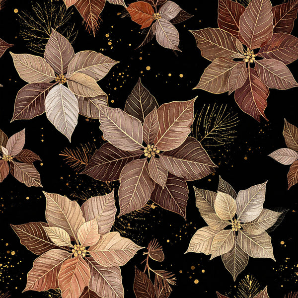 gold poinsettia, burgundy leaves, cream flowers, black background, metallic accents, holiday floral, christmas botanical, elegant design, luxurious style, sophisticated pattern, festive theme, winter flora, poinsettia motif, leafy branches, gold sparkle, warm earth tones, rustic elegance, traditional holiday, botanical illustration, decorative florals, seasonal celebration, neutral luxury, rich browns, elegant botanical, vintage inspired, nature themed, festive occasion, luxury home decor