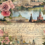 vintage postcard, pink roses, floral motifs, architectural landmarks, handwritten script, muted pastels, sage green, dusty rose, cream background, european buildings, romantic aesthetic, aged paper texture,, fabric panel, nostalgic imagery, travel theme, ornate structures, soft watercolors, layered collage, dreamy atmosphere