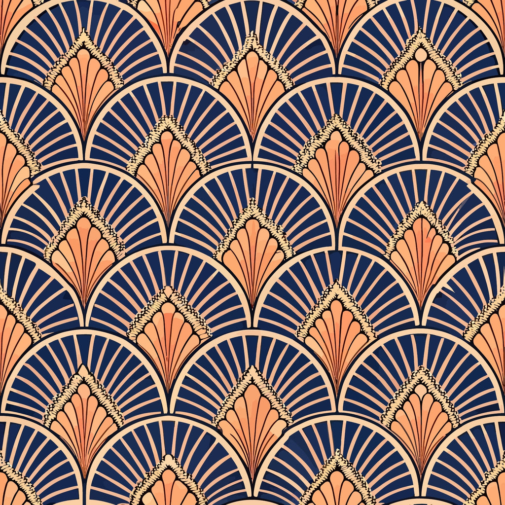 art deco, geometric pattern, fan motif, scalloped design, navy blue, coral orange, peach, cream, radiating lines, repeating pattern, vintage style, 1920s inspired, elegant curves, overlapping scales,, fabric panel, sophisticated design, ornate details, luxurious feel, decorative motifs