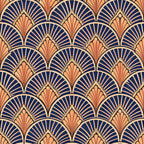 art deco, geometric pattern, fan motif, scalloped design, navy blue, coral orange, peach, cream, radiating lines, repeating pattern, vintage style, 1920s inspired, elegant curves, overlapping scales,, fabric panel, sophisticated design, ornate details, luxurious feel, decorative motifs