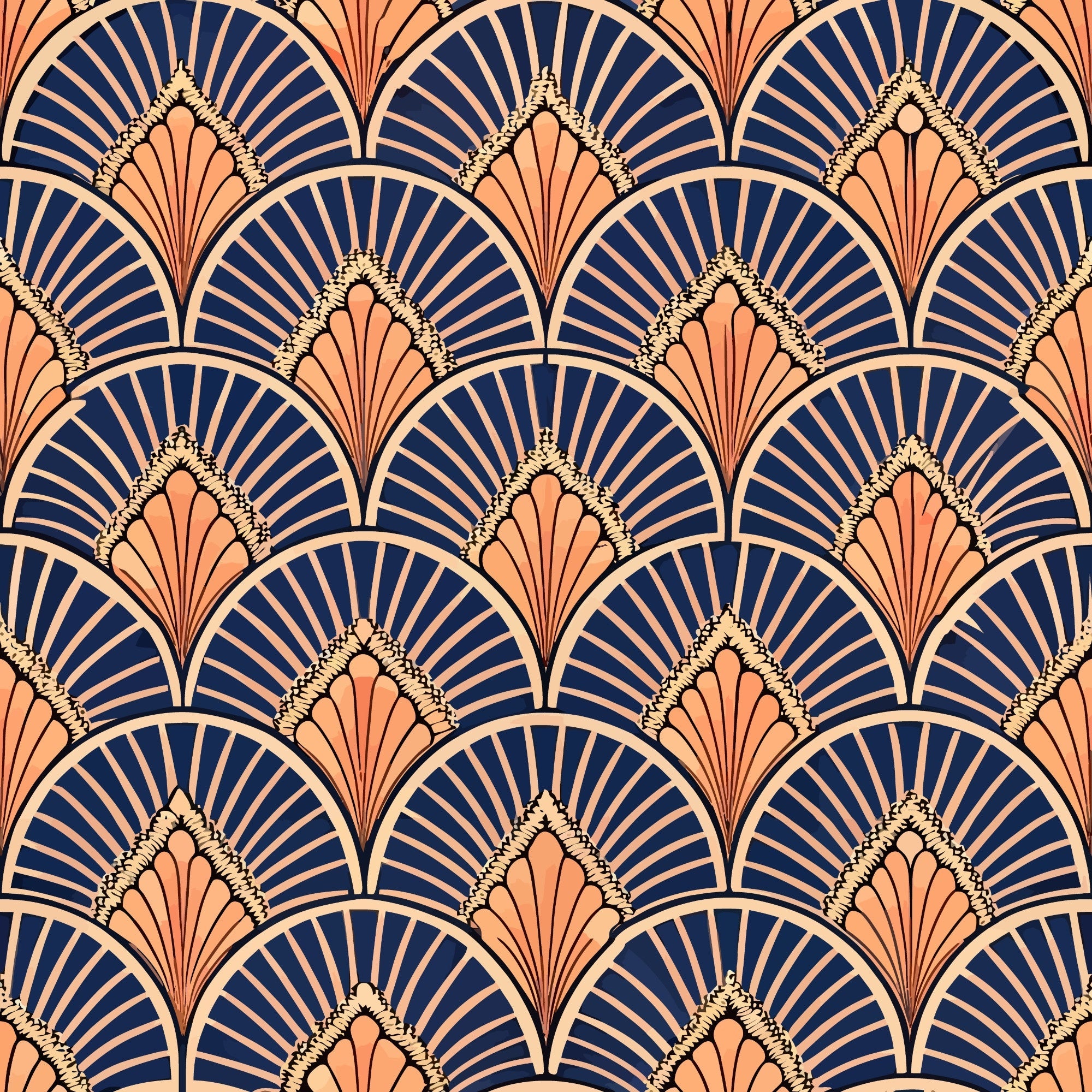 art deco, geometric pattern, fan motif, scalloped design, navy blue, coral orange, peach, cream, radiating lines, repeating pattern, vintage style, 1920s inspired, elegant curves, overlapping scales,, fabric panel, sophisticated design, ornate details, luxurious feel, decorative motifs