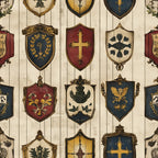 rustic banners, medieval shields, heraldic crests, coat of arms, cross symbols, eagle motifs, floral emblems, vintage style, weathered wood background, burgundy red, navy blue, golden yellow, cream beige,, fabric panel, renaissance inspired, gothic elements, ornate frames, decorative borders