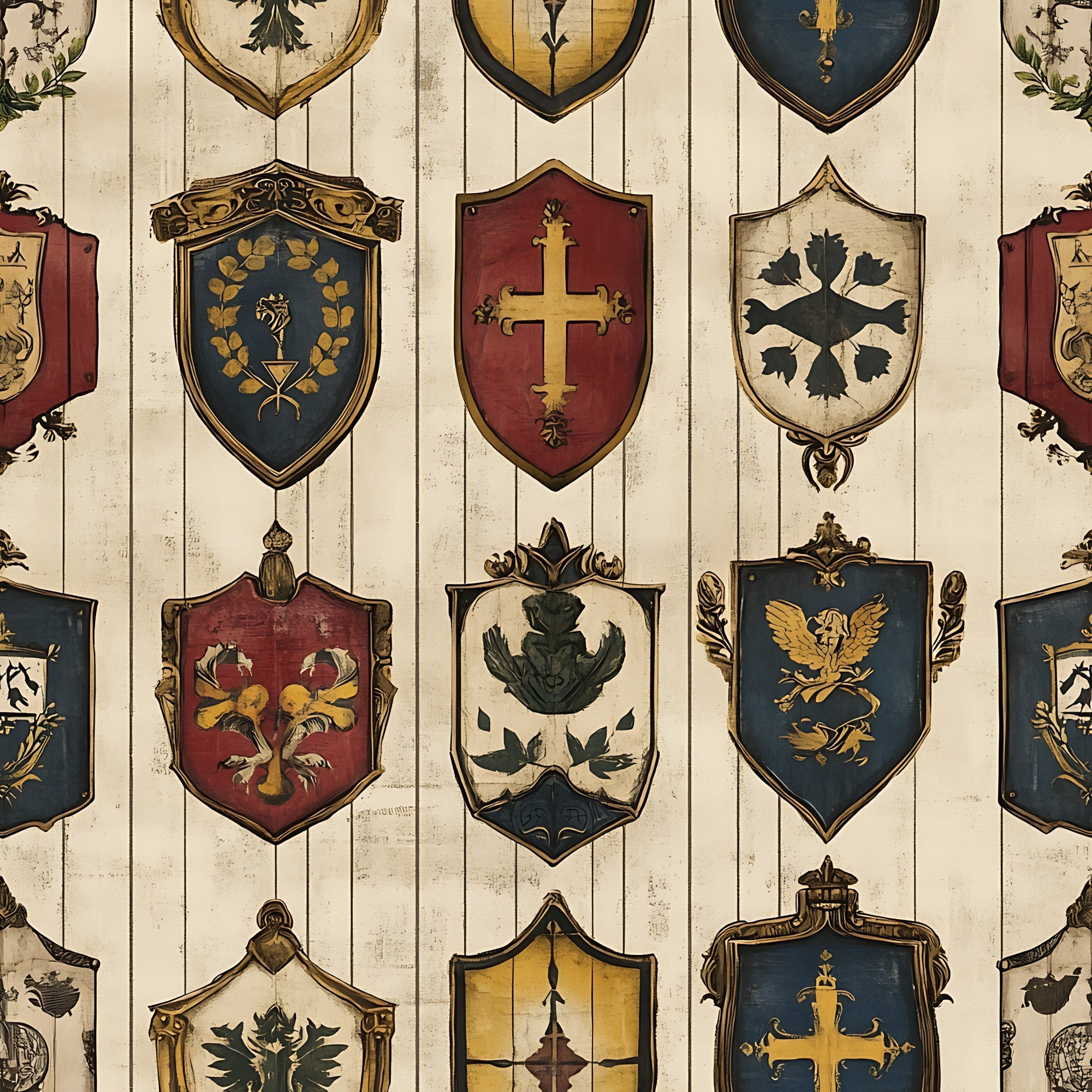 rustic banners, medieval shields, heraldic crests, coat of arms, cross symbols, eagle motifs, floral emblems, vintage style, weathered wood background, burgundy red, navy blue, golden yellow, cream beige,, fabric panel, renaissance inspired, gothic elements, ornate frames, decorative borders