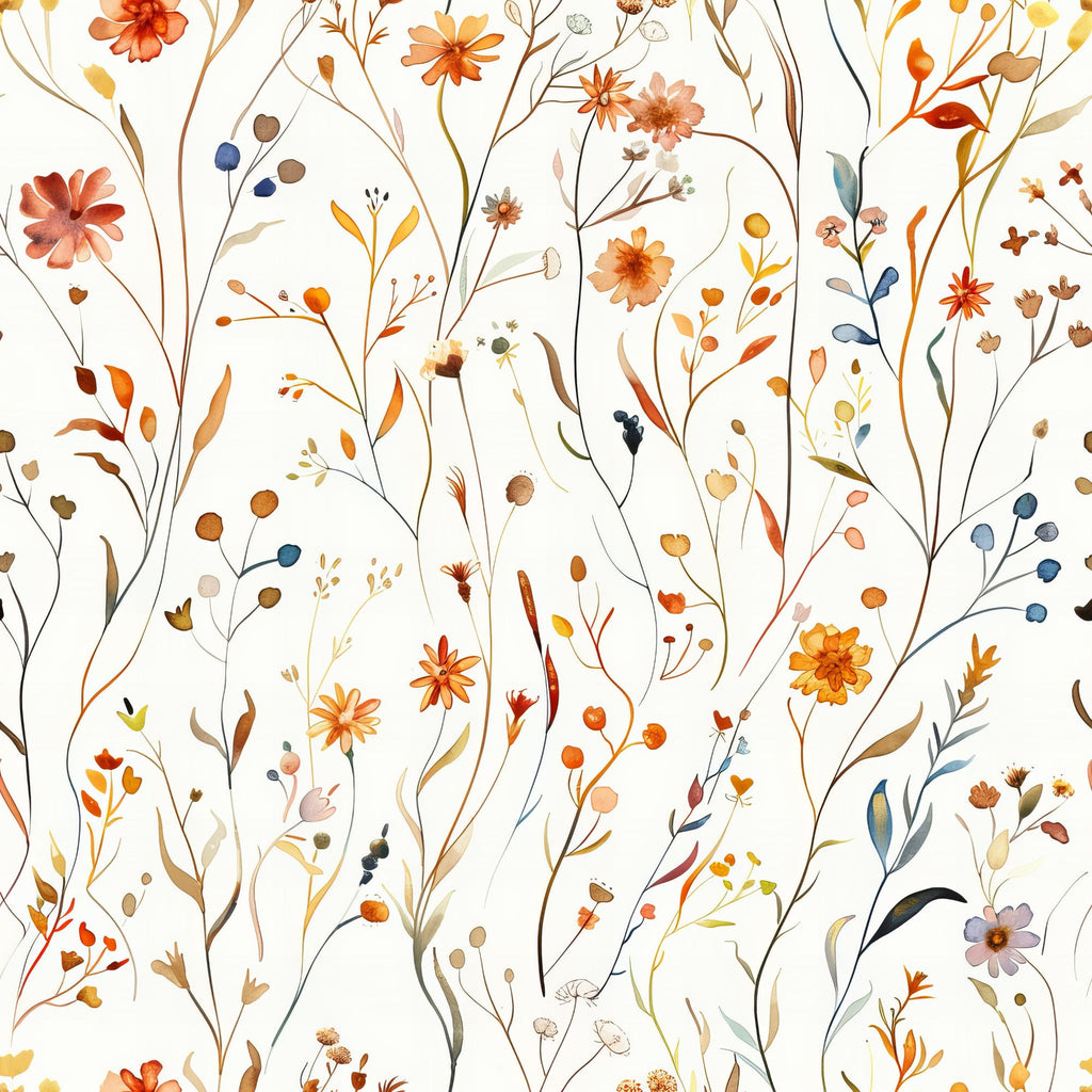 autumn colors, wildflowers, meadow pattern, hand drawn, botanical illustration, orange blooms, coral flowers, blue berries, brown stems, delicate branches, watercolor style, nature motif,, fabric panel, whimsical florals, organic design, scattered blooms, artistic rendering, warm tones, flowing stems