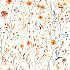 autumn colors, wildflowers, meadow pattern, hand drawn, botanical illustration, orange blooms, coral flowers, blue berries, brown stems, delicate branches, watercolor style, nature motif,, fabric panel, whimsical florals, organic design, scattered blooms, artistic rendering, warm tones, flowing stems
