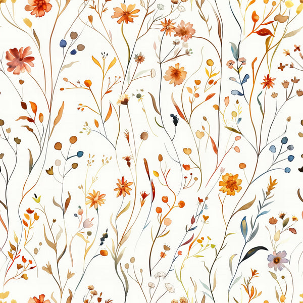 autumn colors, wildflowers, meadow pattern, hand drawn, botanical illustration, orange blooms, coral flowers, blue berries, brown stems, delicate branches, watercolor style, nature motif,, fabric panel, whimsical florals, organic design, scattered blooms, artistic rendering, warm tones, flowing stems