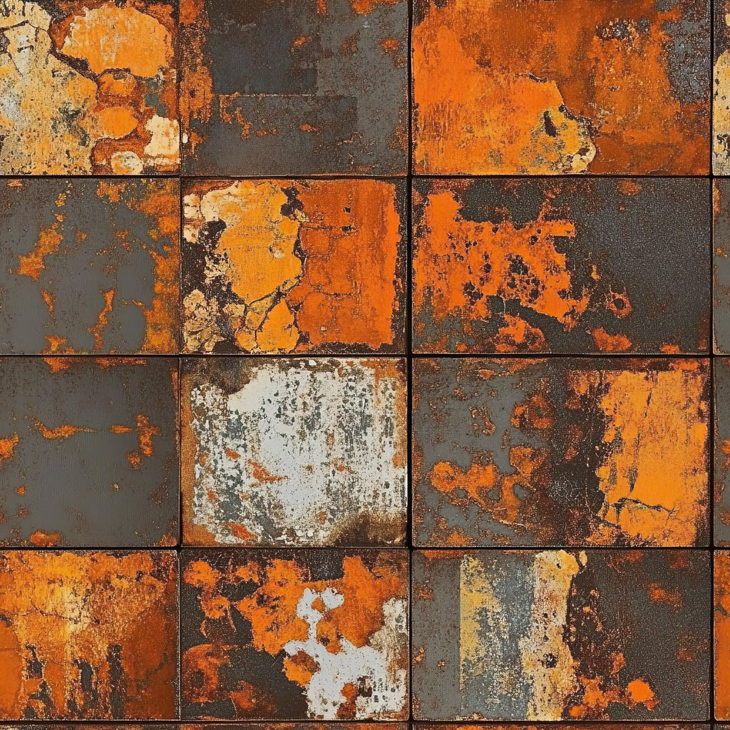 rusty orange, burnt orange, charcoal gray, cream, weathered texture, distressed paint, peeling paint, aged metal, corrosion patterns, rust patina, industrial decay, vintage worn, grid layout, square tiles, oxidized surface,, fabric panel, grunge aesthetic, earthy tones, textured blocks