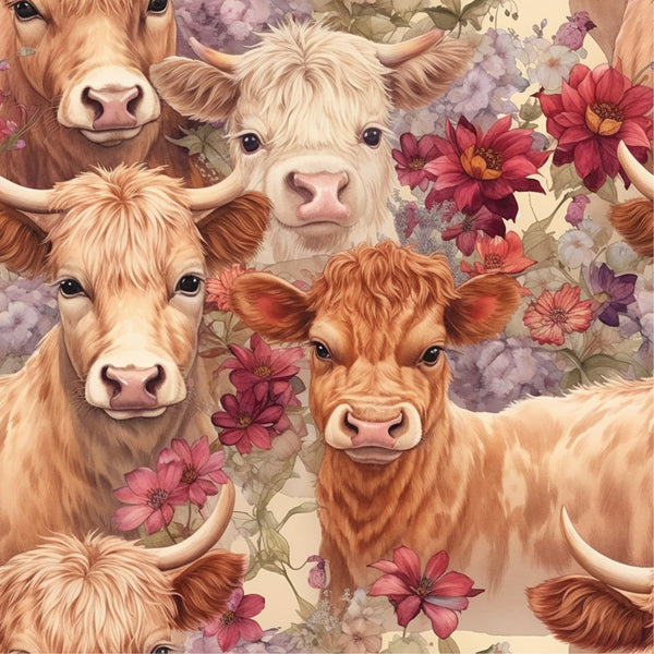 highland cows, floral pattern,, fabric panel, orange fur, cream colored, pink flowers, purple blooms, botanical design, farmhouse style, pastoral scene, warm tones, realistic artwork, detailed illustration, country theme, nature motif, cow faces, mixed florals, soft pastels, rustic charm