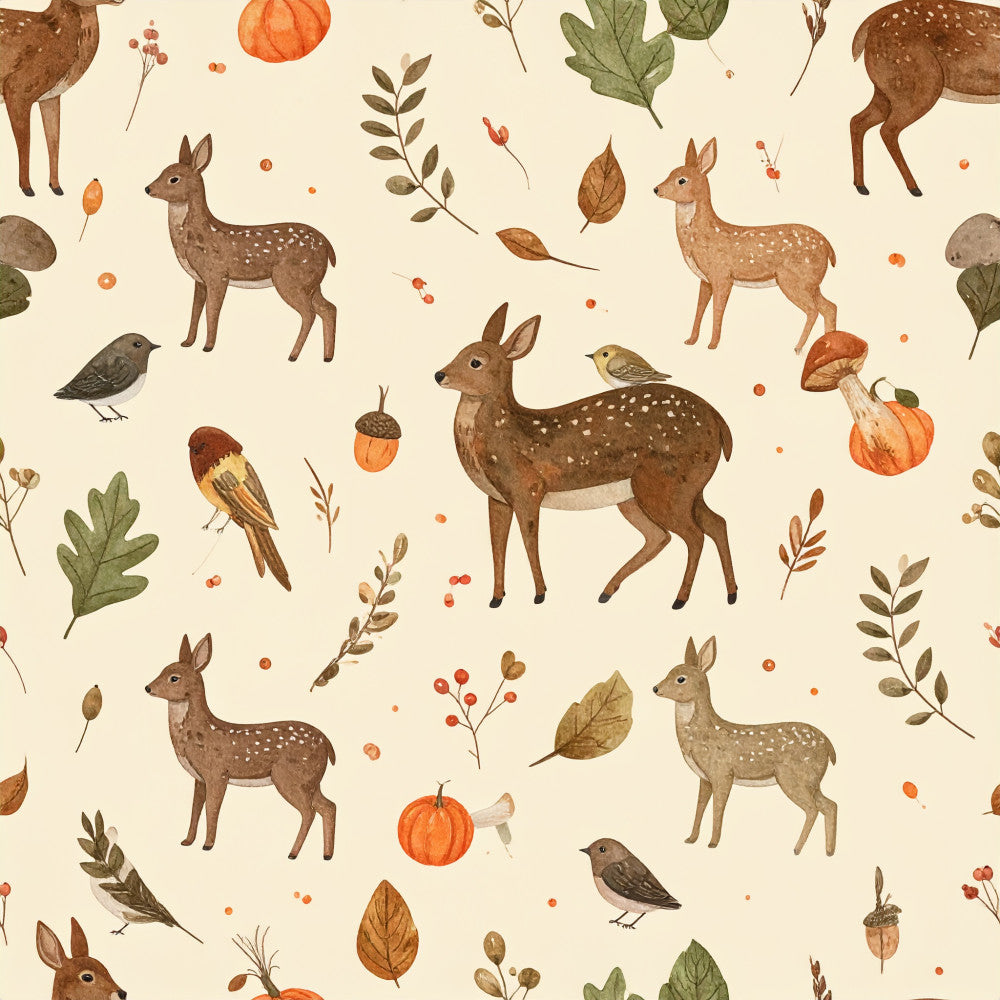 autumn woodland, woodland animals, deer, fall foliage, forest green, burnt orange, warm beige, cream, brown, tan, rustic, whimsical, nature, botanical, leaves, acorns, birds, pumpkin, harvest, seasonal, fall theme, nature-inspired, cottage core, farmhouse style, children's, kids room, nursery, vintage woodland, earth tones, cozy