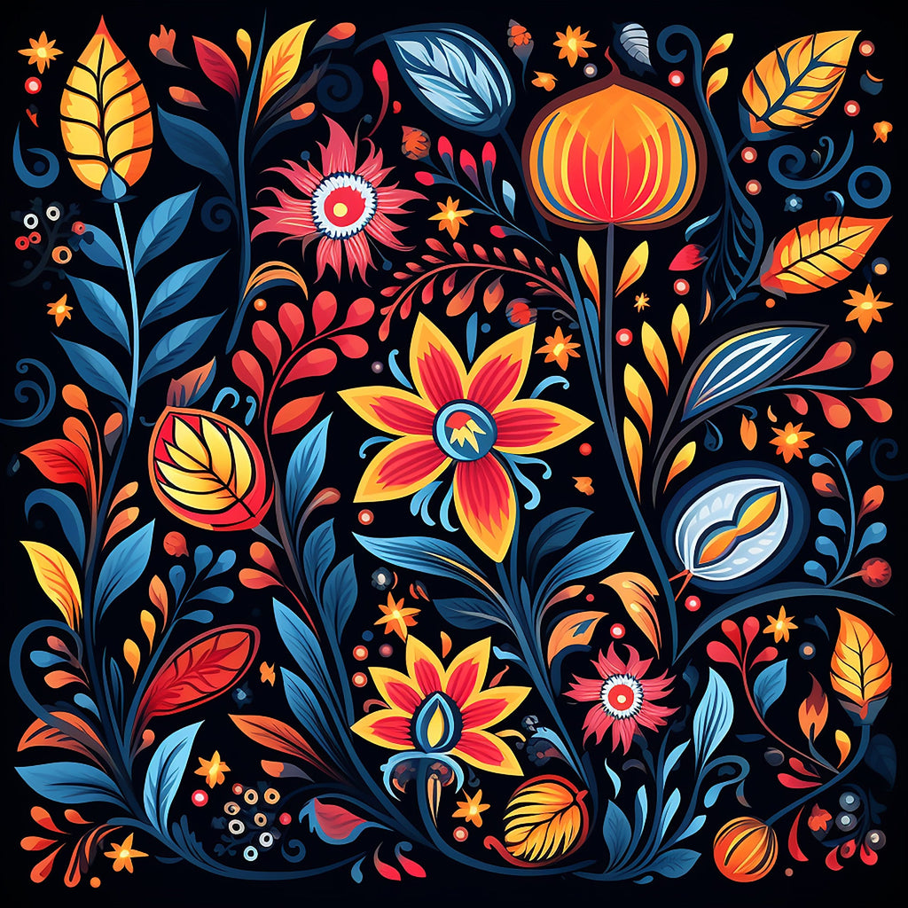 mexican floral, vibrant colors, orange flowers, blue leaves, red petals, yellow blooms, black background, folk art, decorative motifs, swirling vines, botanical pattern,, fabric panel, fiesta colors, ornamental design, floral abundance, warm tones, cool blues, artistic florals, festive pattern