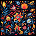 mexican floral, vibrant colors, orange flowers, blue leaves, red petals, yellow blooms, black background, folk art, decorative motifs, swirling vines, botanical pattern,, fabric panel, fiesta colors, ornamental design, floral abundance, warm tones, cool blues, artistic florals, festive pattern